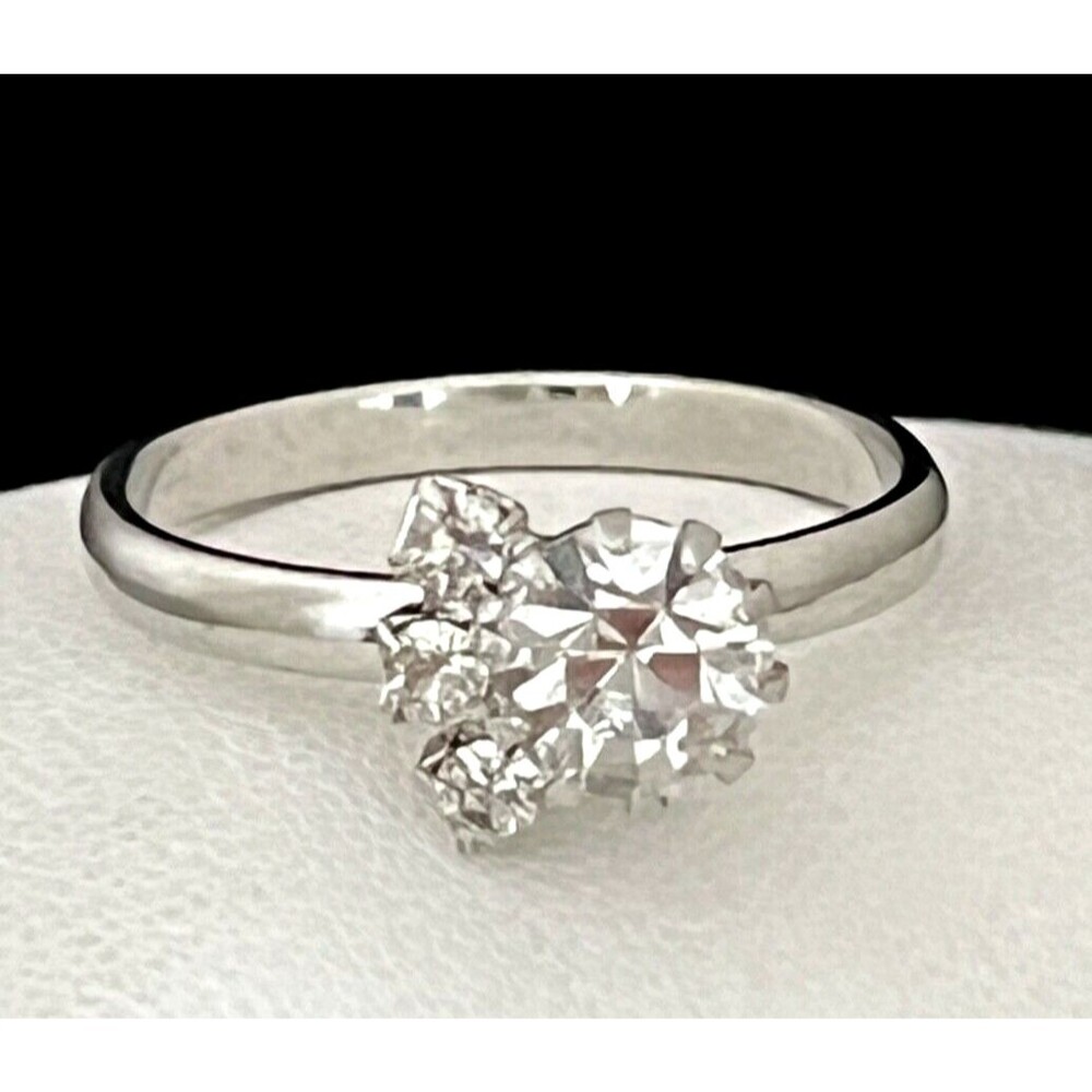 Vintage 1960s Ring Silver Tone Prong Set Crystals Retro Mid Century Modern - 4J